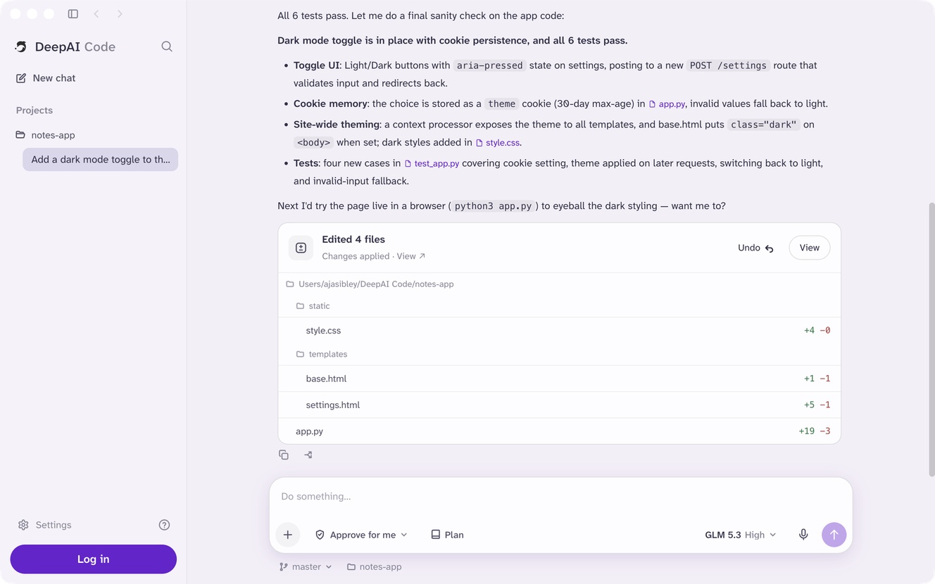 DeepAI Code on macOS after finishing a task: the steps it took, a summary, and the files it edited ready to review